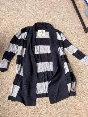 Hollister Navy and Light Gray Striped Open-Front Cardigan